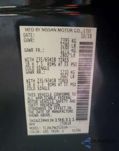 2018 Nissan Murano S z USA, uszkodzony, nr VIN 5N1AZ2MHXJN196311